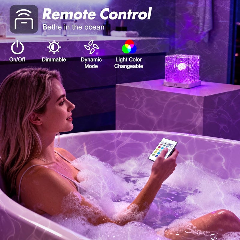 Bgmonster Rechargeable Shower Light No Wiring, 16 Color Changeable Ocean Wave Projector Light, Dimmable Waterproof Shower Lamp with Remote, Rotating Flame Water Ripple Lamp for Shower, Bathroom, Bedroom Decor - Image 3